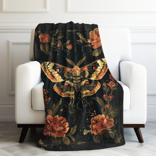 Mystic Midnight Moth with Lush Florals Velveteen Plush Blanket 3 Sizes