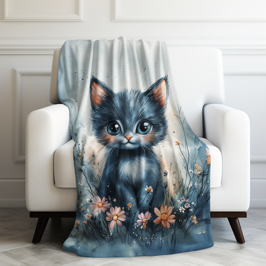 Adorable Russian Blue Kitten in a Watercolor Flower Field Velveteen Plush Blanket 3 Sizes