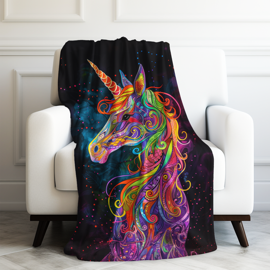 Psychedelic Neon Fantasy Rainbow Dream Unicorn Velveteen Plush Blanket 3 Sizes