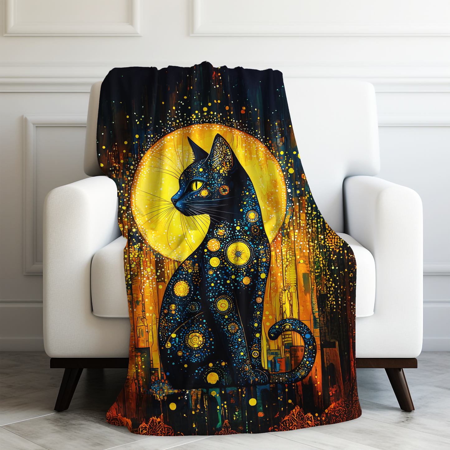 Celestial Cat Adorned in Cosmic Orbs and Starlit Splendor Velveteen Plush Blanket 3 Sizes