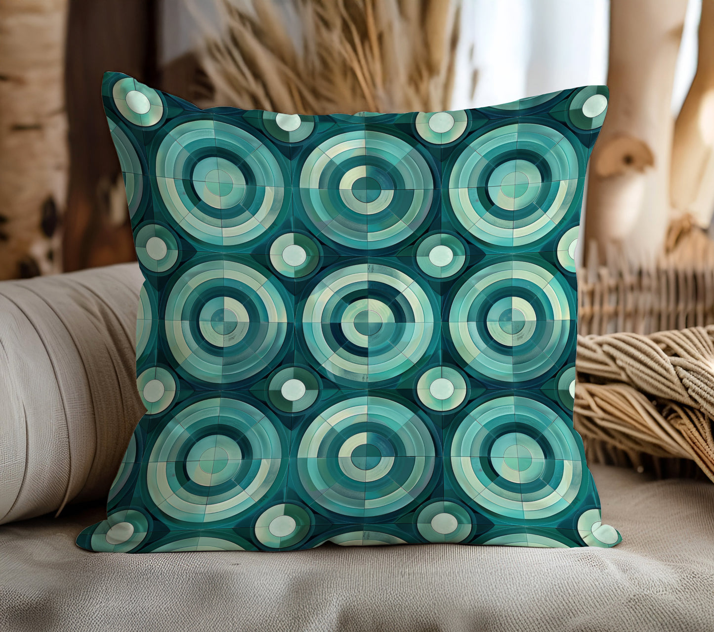 Oceanic Echoes of Layered Circles in Turquoise and Aqua Spun Polyester Square Pillowcase 4 Sizes