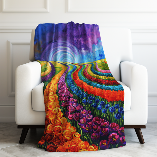 Vibrant Rainbow Tulip Fields with Swirling Sky Velveteen Plush Blanket 3 Sizes