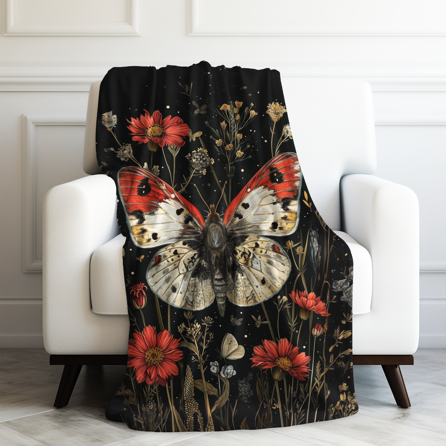 Nocturnal Botanical Blooms and Butterflies with Wildflowers Velveteen Plush Blanket 3 Sizes