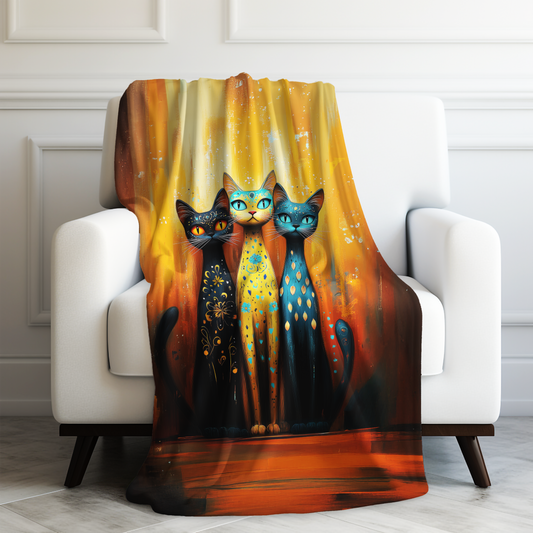 Trio of Mystical Enchanted Cats Velveteen Plush Blanket 3 Sizes