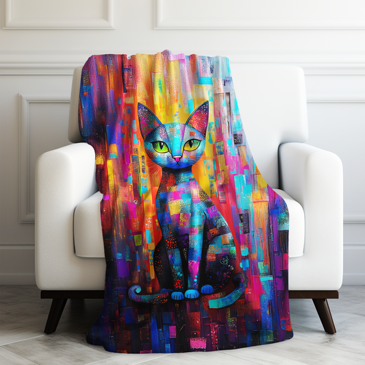 Vibrant Patchwork Abstract Cat Velveteen Plush Blanket 3 Sizes