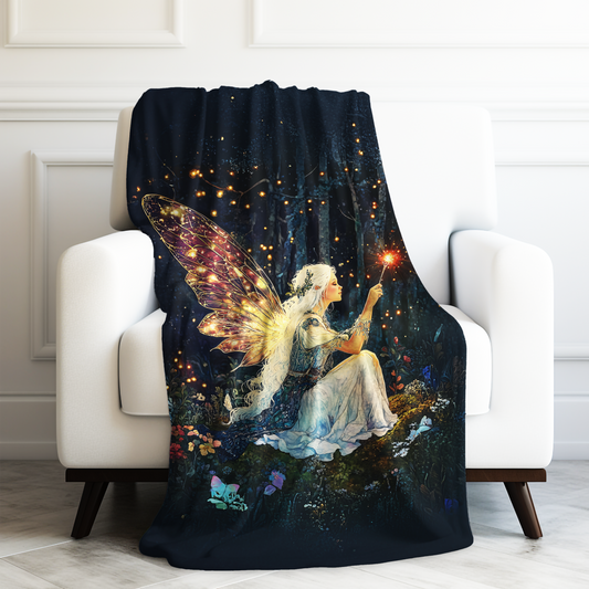 Ethereal Fairy with Glowing Wings Amidst Enchanted Forest Velveteen Plush Blanket 3 Sizes