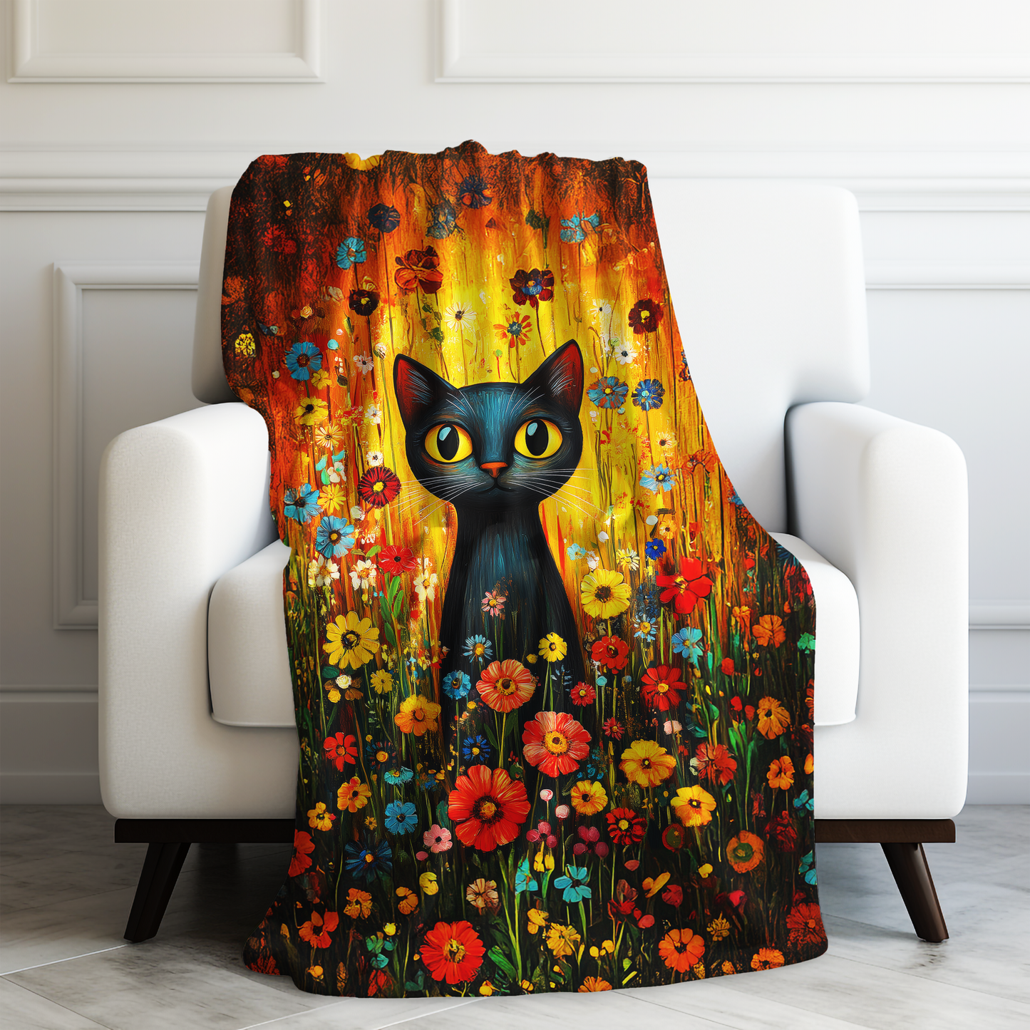 Whimsical Cat Amidst a Colorful Floral Meadow Velveteen Plush Blanket 3 Sizes