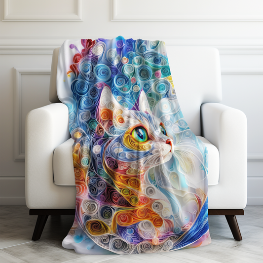 Mesmerizing Quilled Paper Art Cat Portrait in Vibrant Hues Velveteen Plush Blanket 3 Sizes