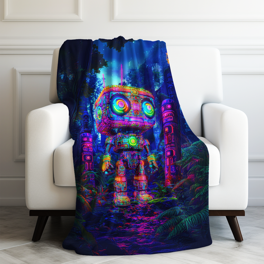 Vibrant Robotic Sentinel Amidst the Mystic Wilderness Velveteen Plush Blanket 3 Sizes