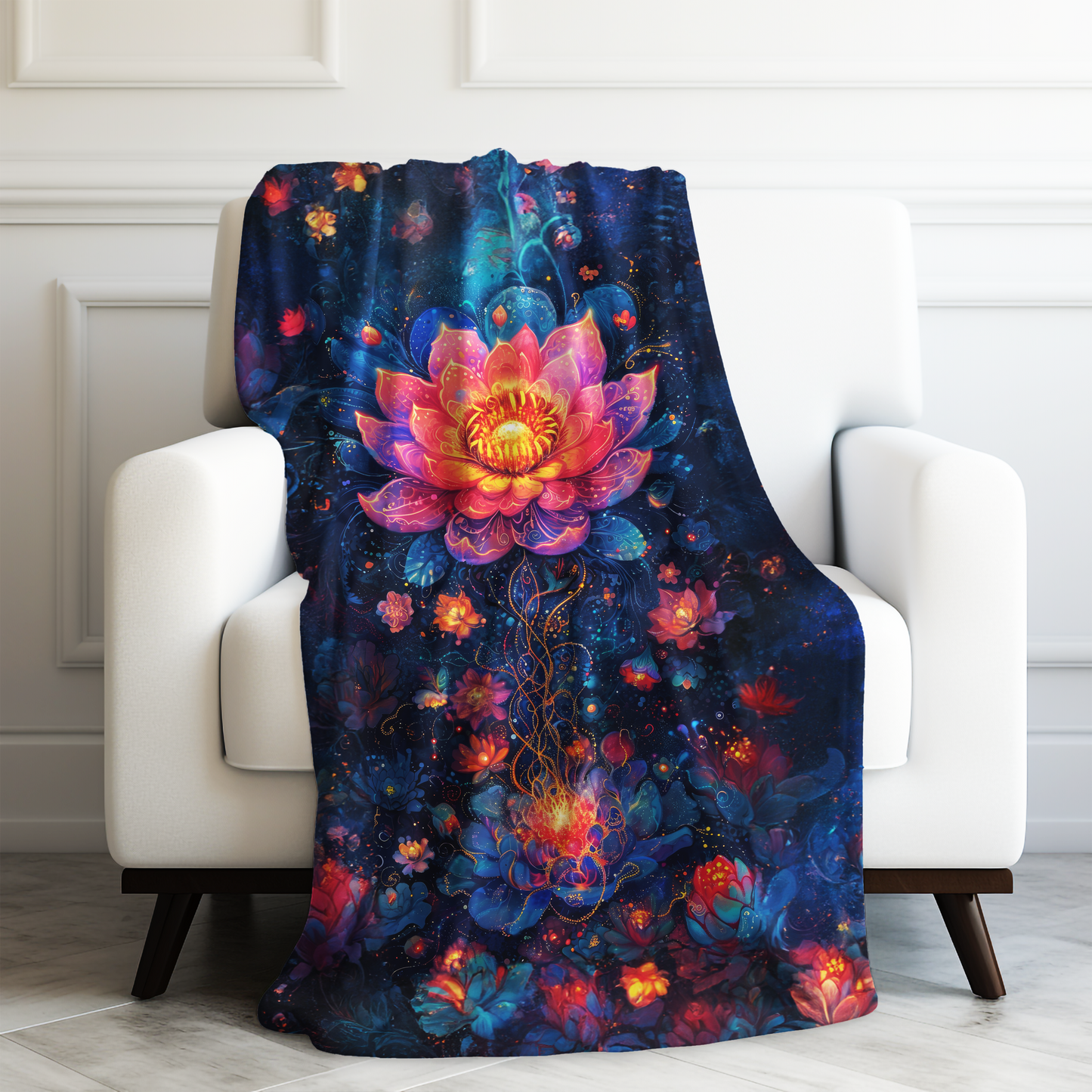 Celestial Lotus Blossom in Magical Night Garden Velveteen Plush Blanket 3 Sizes