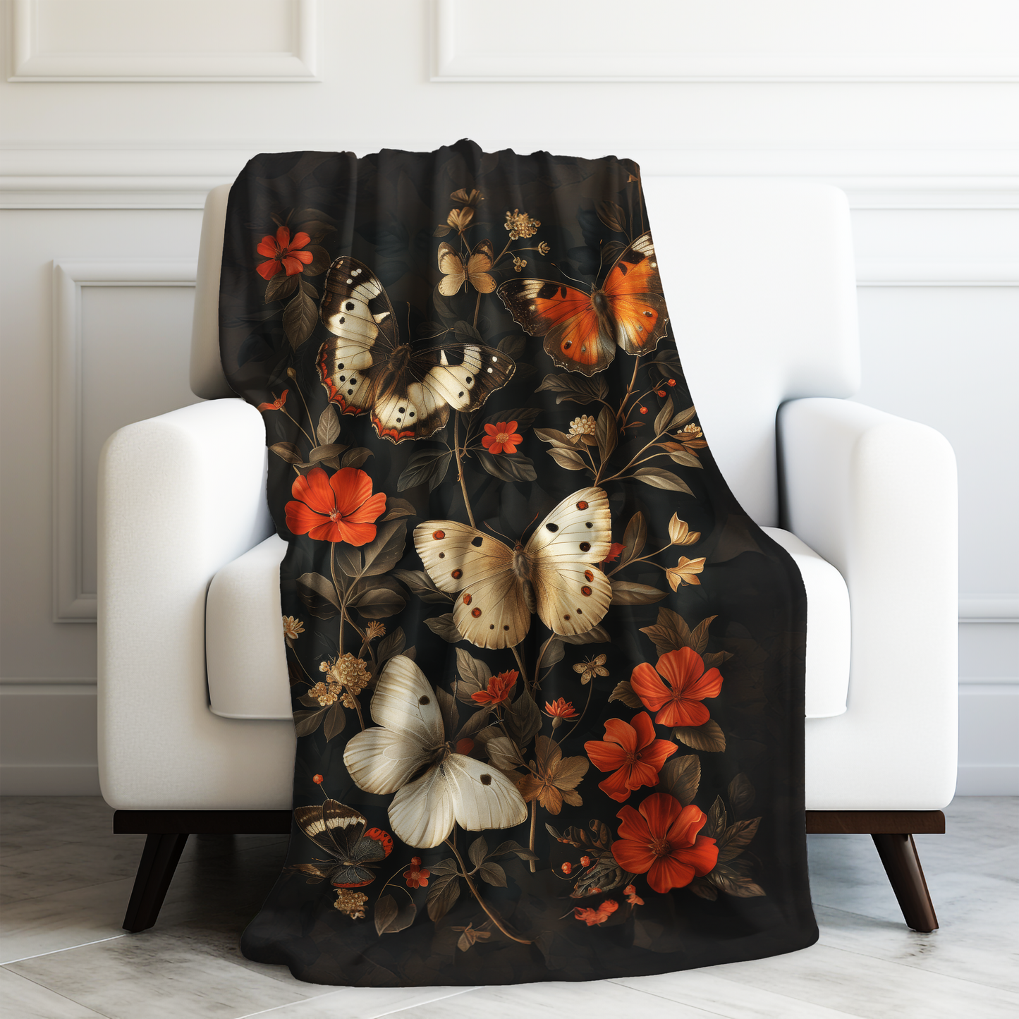 Mystical Flutter: Vintage Botanical Butterfly and Blooms  Velveteen Plush Blanket 3 Sizes