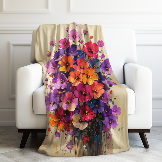 Radiant Bloom Festival: Cluster of Flowers in Vivid Pinks, Purples, and Oranges Velveteen Plush Blanket 3 Sizes