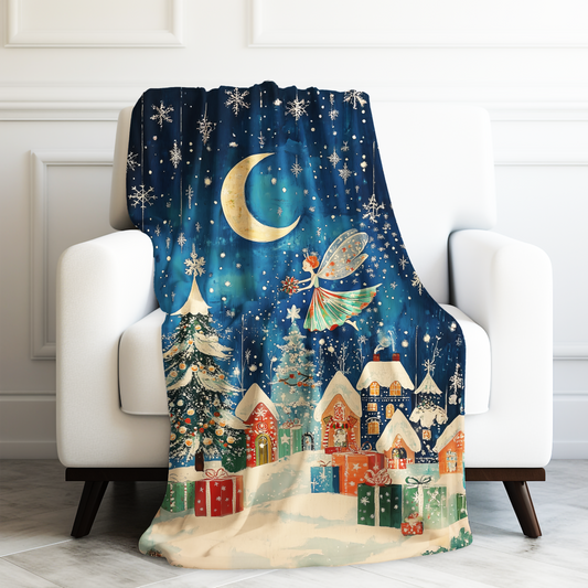 Winter Wonderland Magical Fairy Distributing Sparkling Gifts in a Snowy Village Velveteen Plush Blanket 3 Sizes