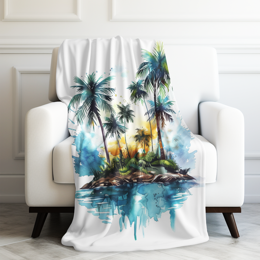 Tropical Dawn: Palm Trees on an Island with Sunrise over the Ocean Velveteen Plush Blanket 3 Sizes