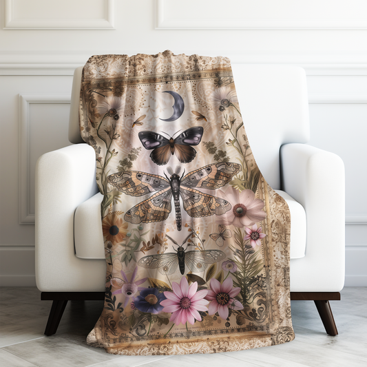 Enchanted Night: Mystical Butterflies, Flowers, and Moonlit Blooms Velveteen Plush Blanket 3 Sizes