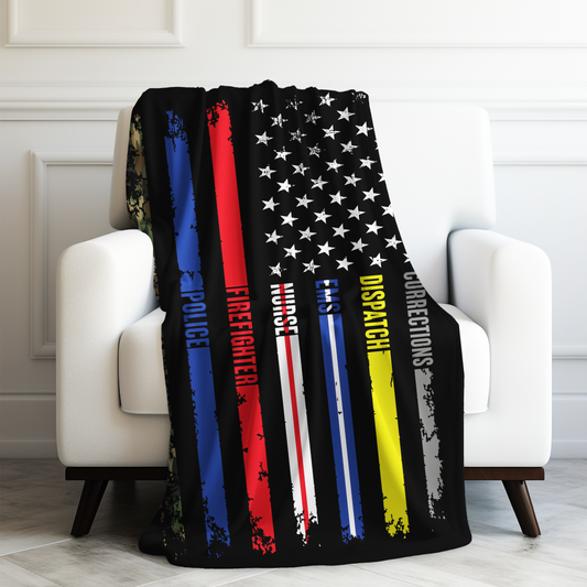 Solidarity Support Military, Police, Firefighter, Nurse, EMS, Dispatch Corrections Velveteen Plush Blanket 3 Sizes