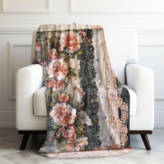 Elegant Victorian Flair: Layers of Pink and Black Lace Adorned with Pink Flowers Velveteen Plush Blanket 3 Sizes