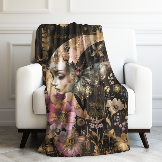 Mystical Lady in the Crescent Moon Celestial Pink Flowers and Butterflies Velveteen Plush Blanket 3 Sizes