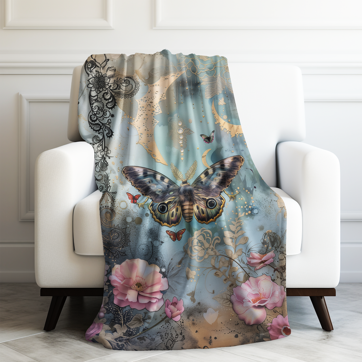 Mystical Butterfly and Pink & Teal Flowers Celestial Crescent Moon Velveteen Plush Blanket 3 Sizes