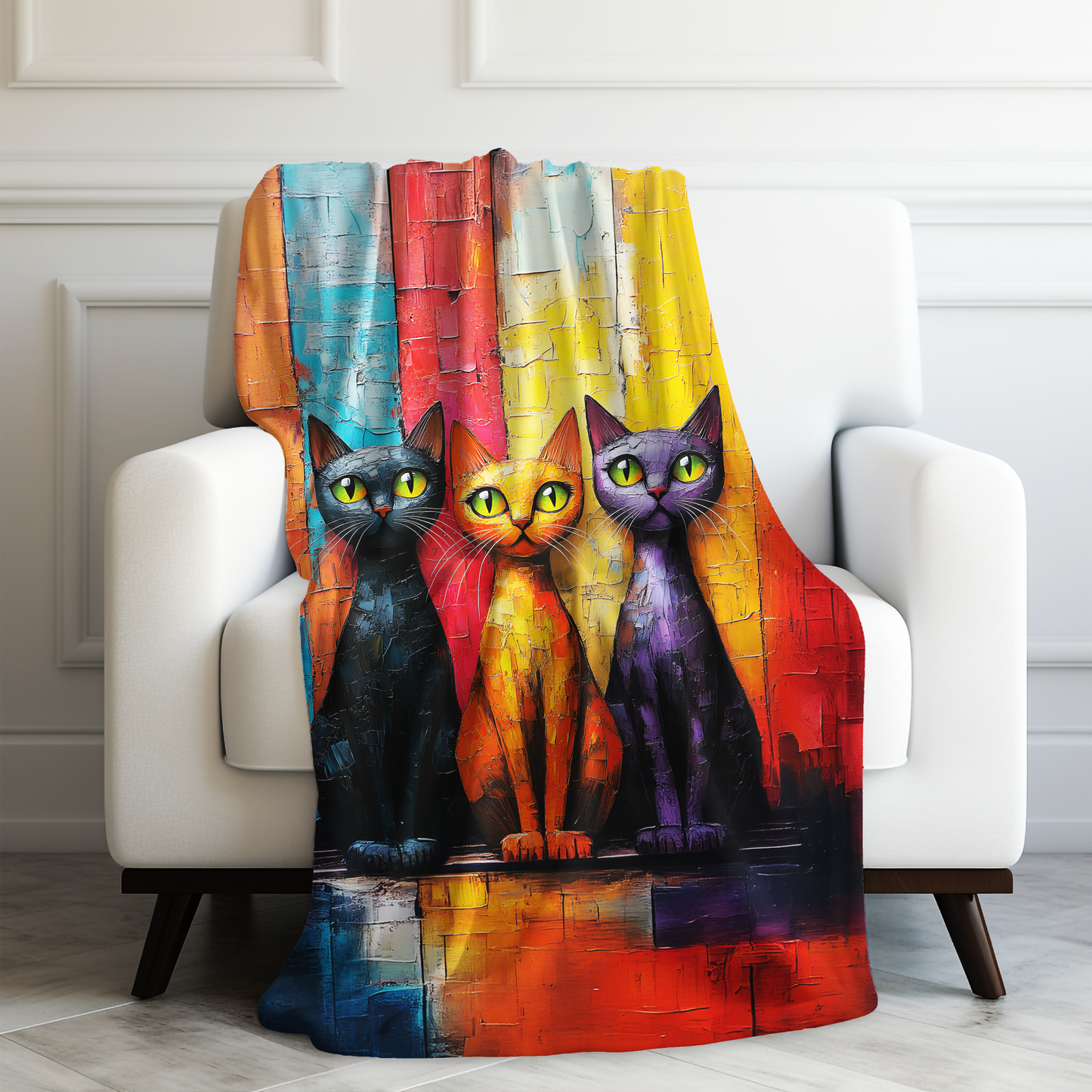 Trio Cats in Urban Mosaic Kaleidoscope LG Velveteen Plush Blanket 3 Sizes