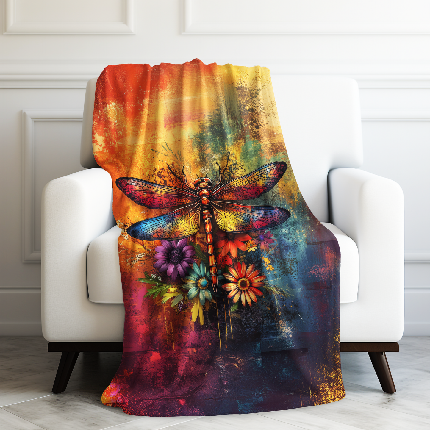 Mesmerizing Vibrant Dragonfly and Flowers Velveteen Plush Blanket 3 Sizes