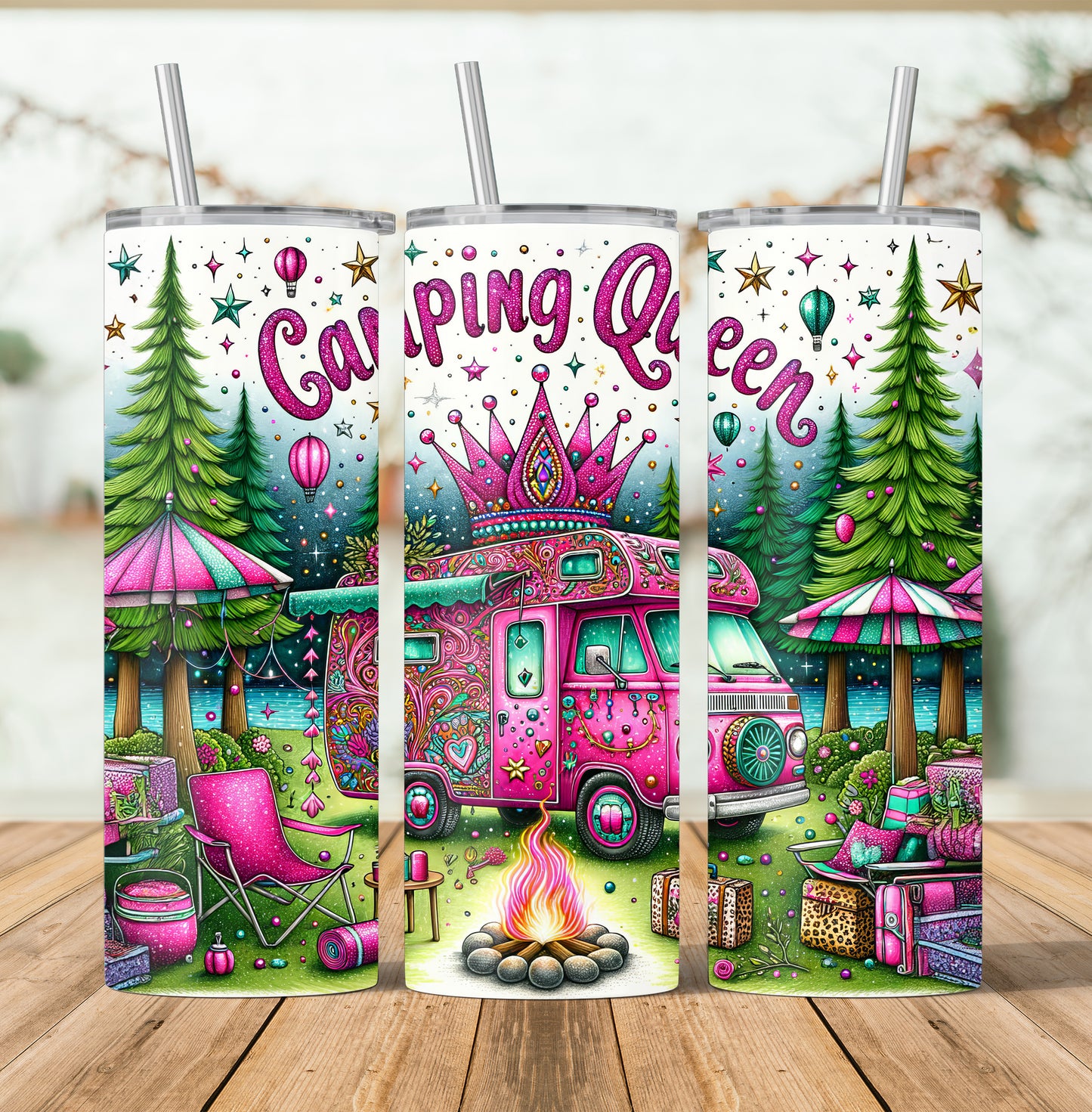 Camping Queen Tumbler Wrap Outdoor Camping Lover, Camper Van Seamless Design 20 oz Skinny Tumbler