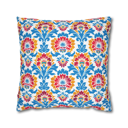 Bright Bouquet of Whimsy in Lively Hues of Red and Blue Flowers with Yellow Accents Polyester Square Pillowcase 4 Sizes