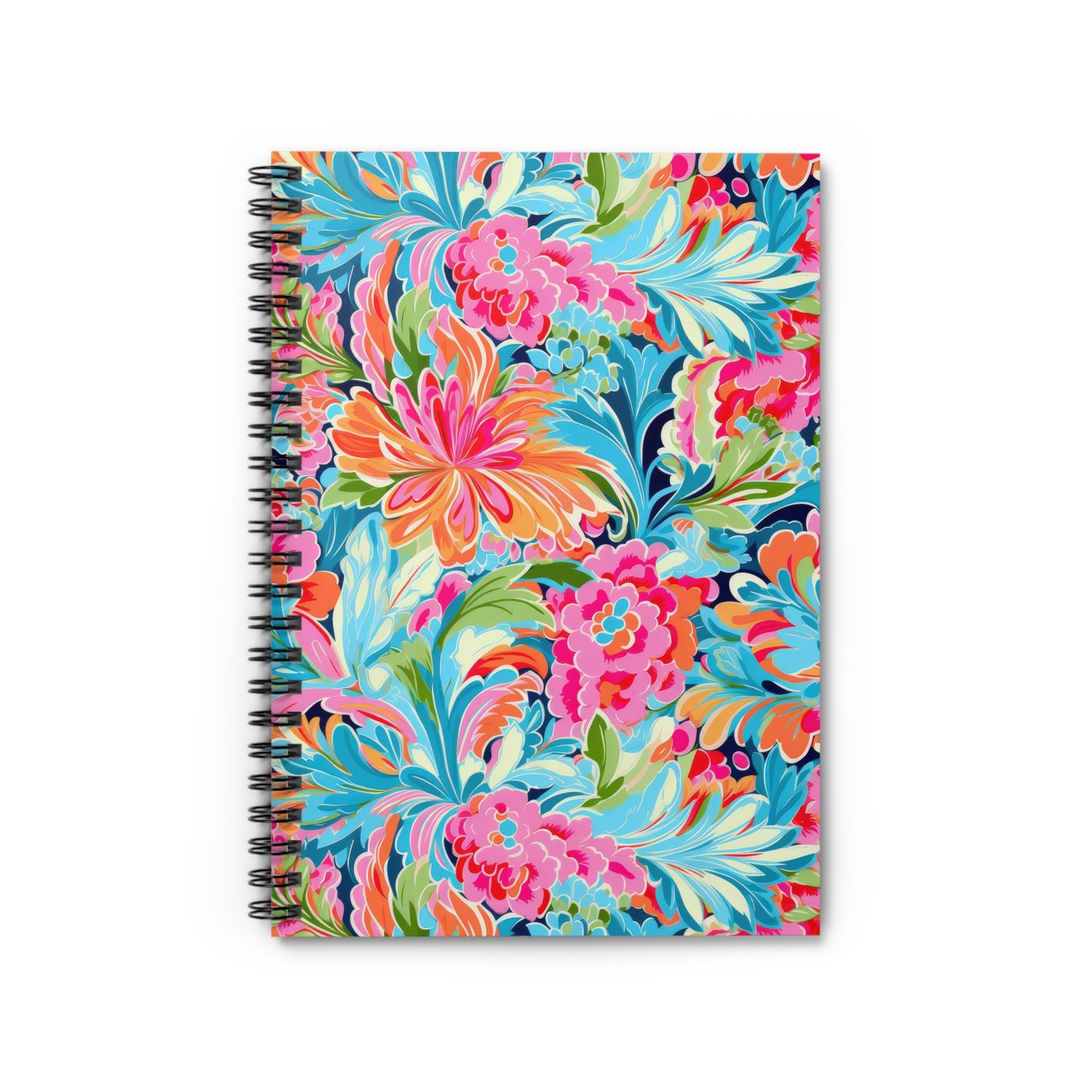 Tropical Radiance: Bursting Summer Blooms in Teal, Orange, and Pink Spiral Ruled Line Notebook