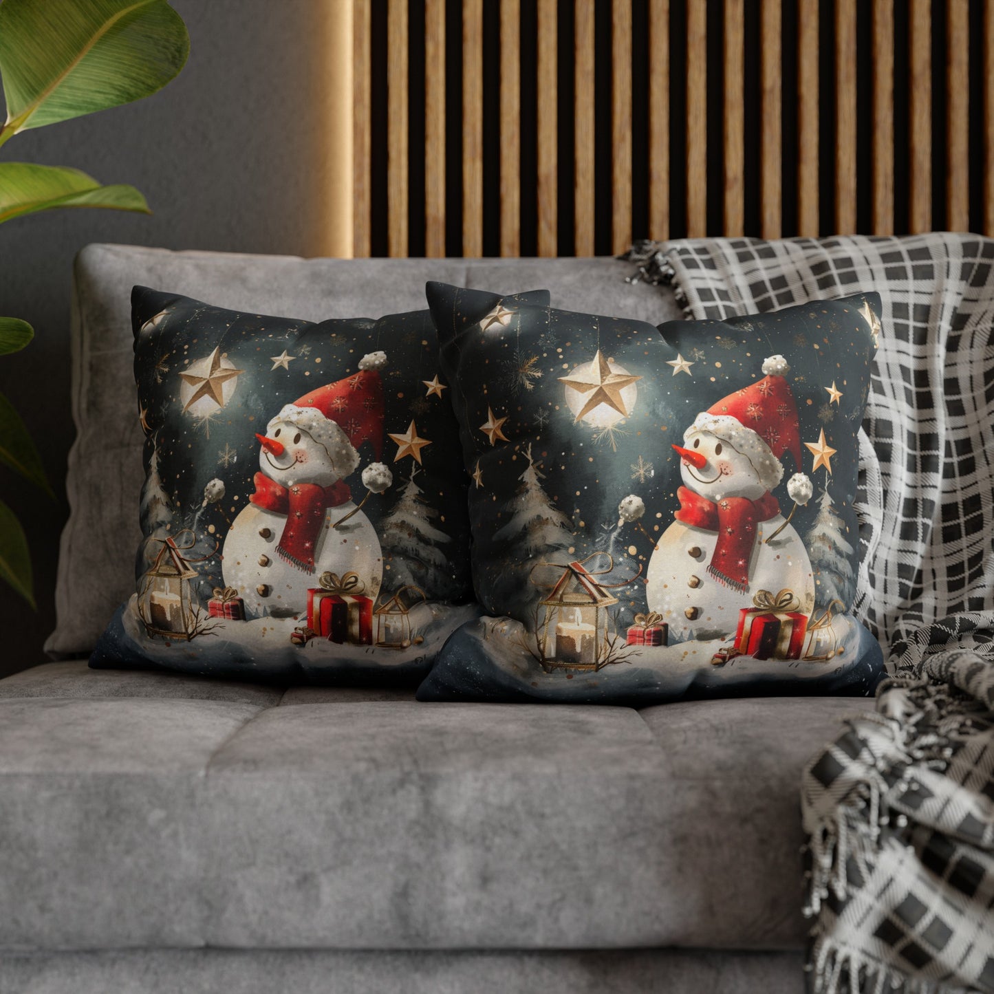 Moonlit Frost: Snowman Basking in Moonlight Surrounded by Presents Spun Polyester Square Pillowcase 4 Sizes