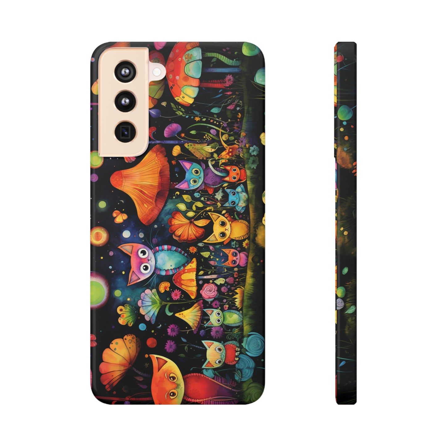 Mystical Cats Amidst a Garden of Flowers and Mushrooms, Beneath a Starry Sky Samsung Slim Cases