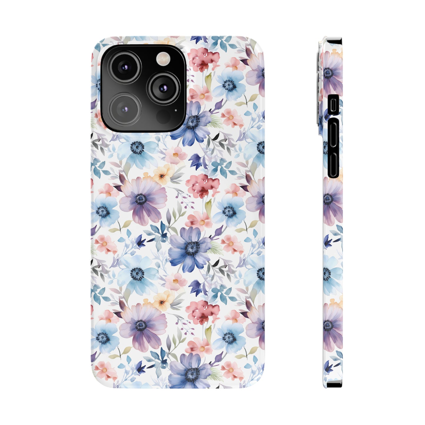 Pastel Pink Purple and Blue Watercolor Flowers Iphone 15-12 Slim Phone Case