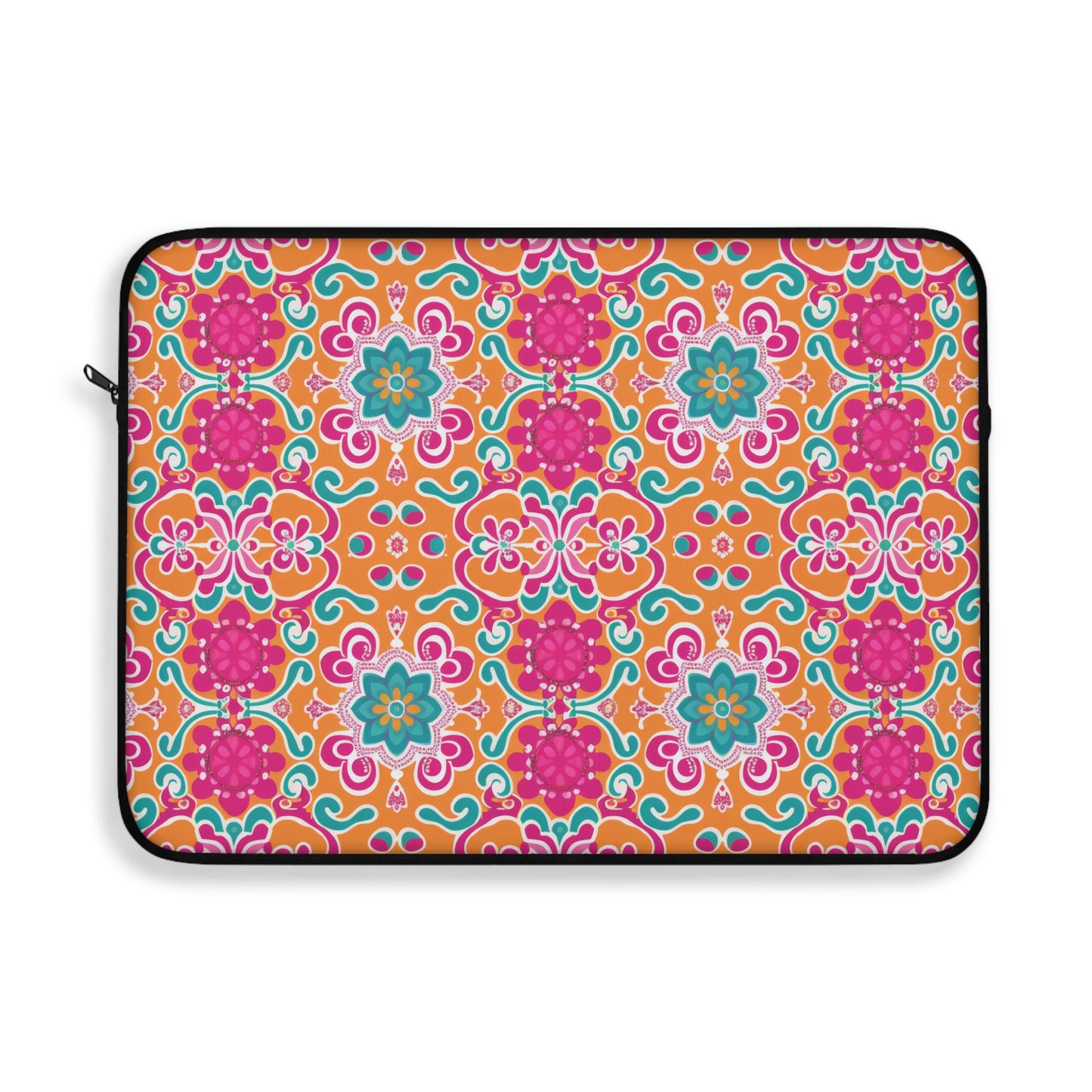 Kaleidoscope of Warm Tangerine, Lush Teal, and Lively Pink Blooms Laptop or Ipad Protective Sleeve 3 Sizes Available