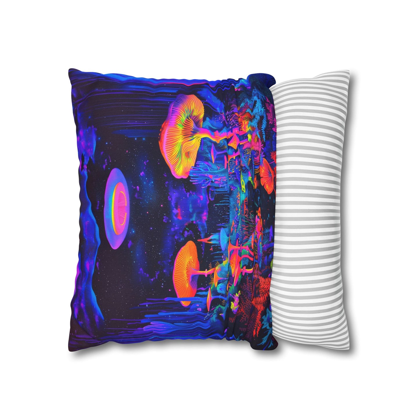 Vibrant Psychedelic Fantasy Neon Mushroom Forest Landscape Spun Polyester Square Pillowcase 4 Sizes