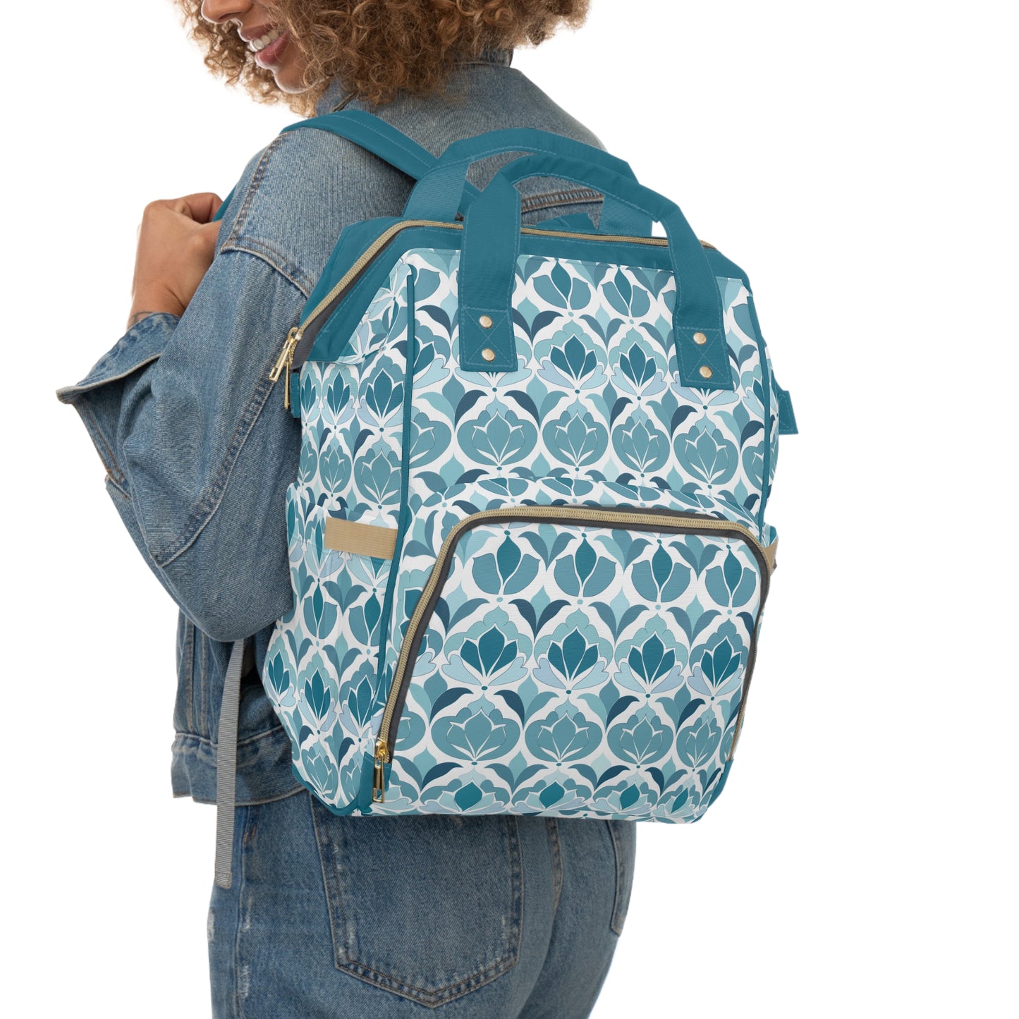 Serene Floral Pattern in Shades of Aqua and Teal, Forming Graceful Botanical Motifs Multifunctional Diaper Backpack