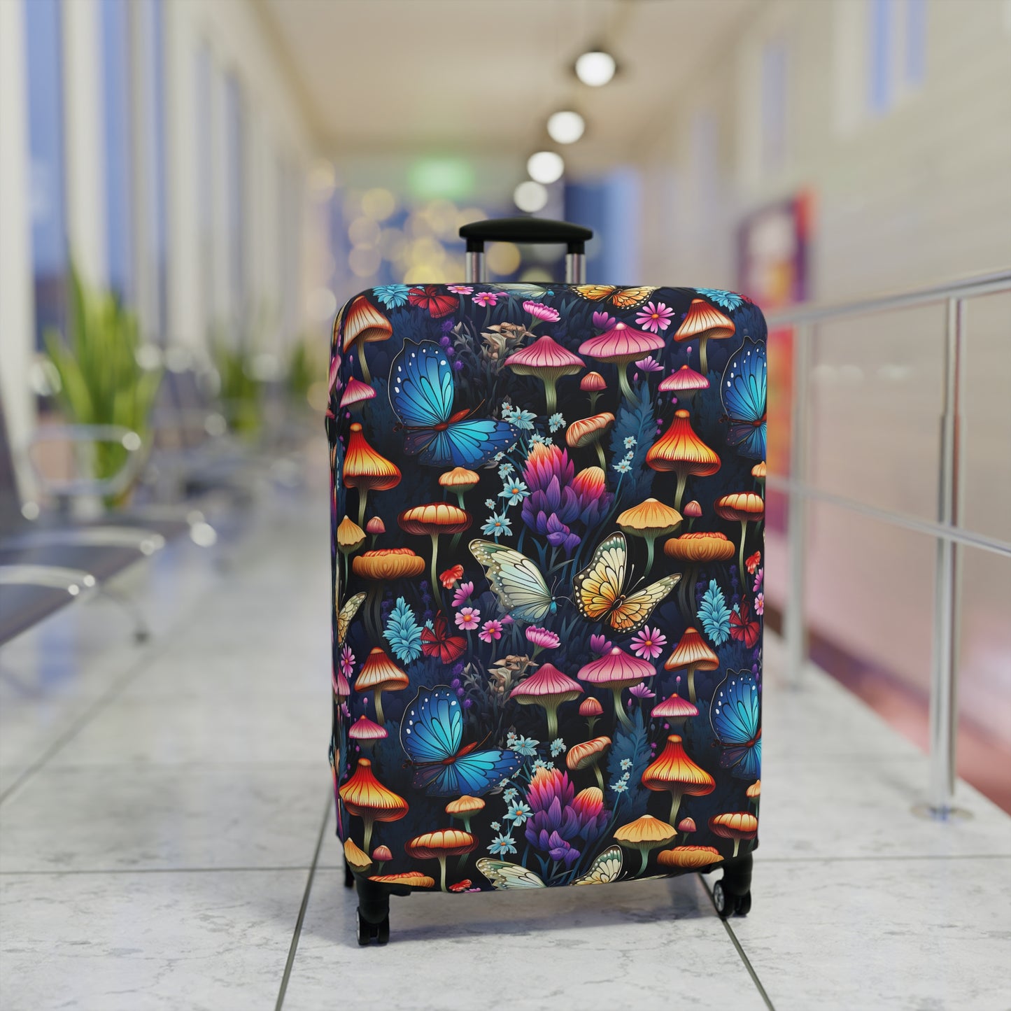 Neon Nocturne: Illuminated Butterfly and Mushroom Silhouettes Against the Night Sky  - Luggage Protector and Cover 3 Sizes