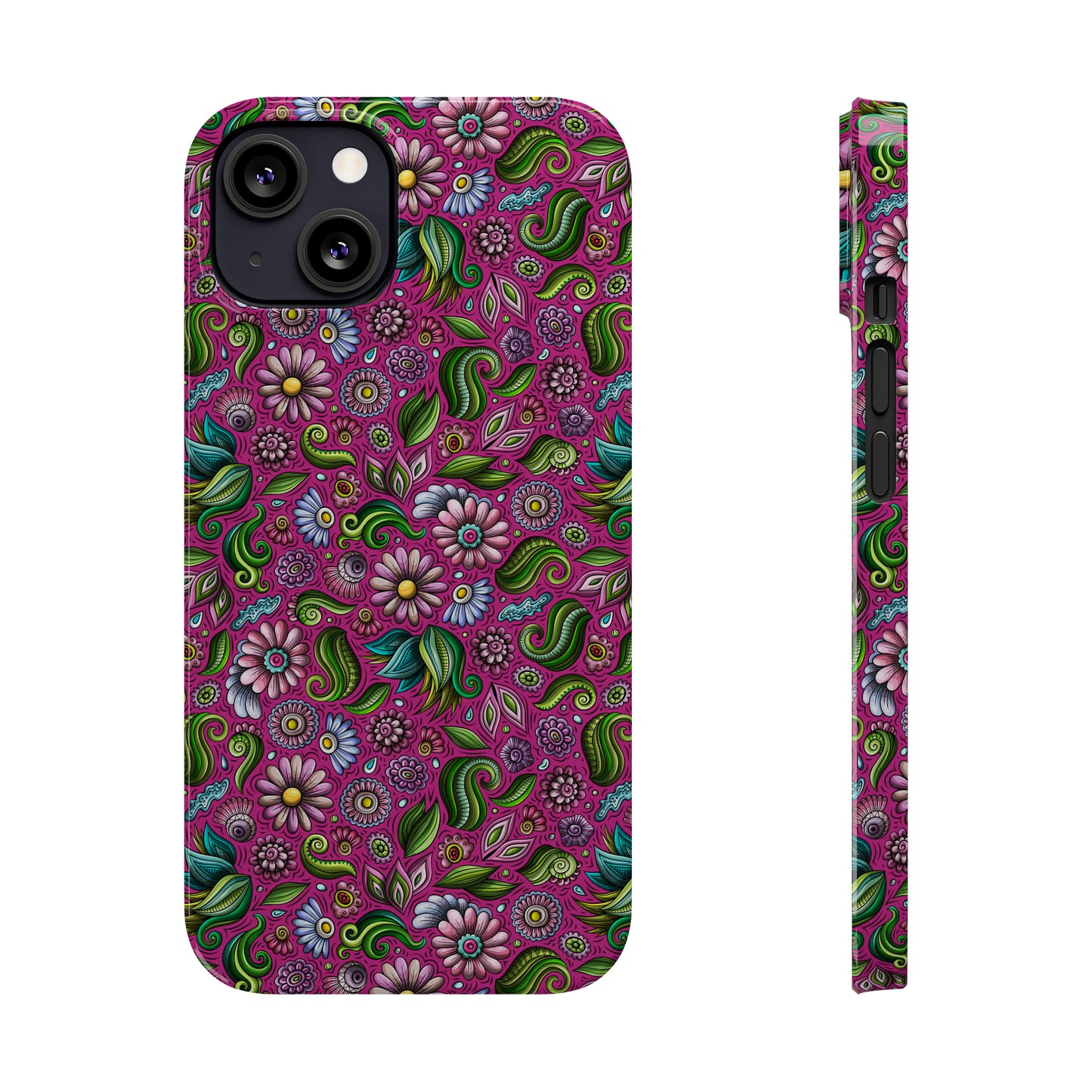 Purple & Pink Daisy Floral Print Hot Pink Background Iphone 15-12 Slim Phone Case