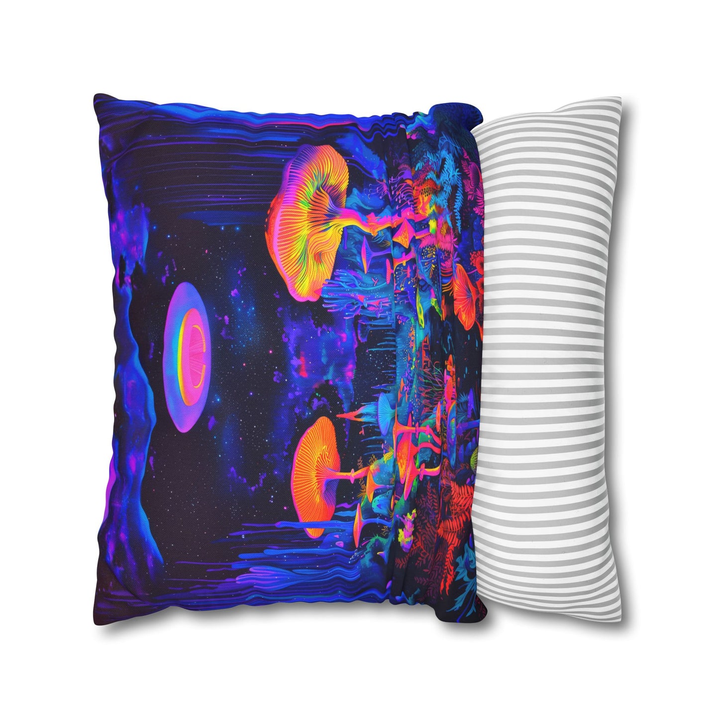 Vibrant Psychedelic Fantasy Neon Mushroom Forest Landscape Spun Polyester Square Pillowcase 4 Sizes