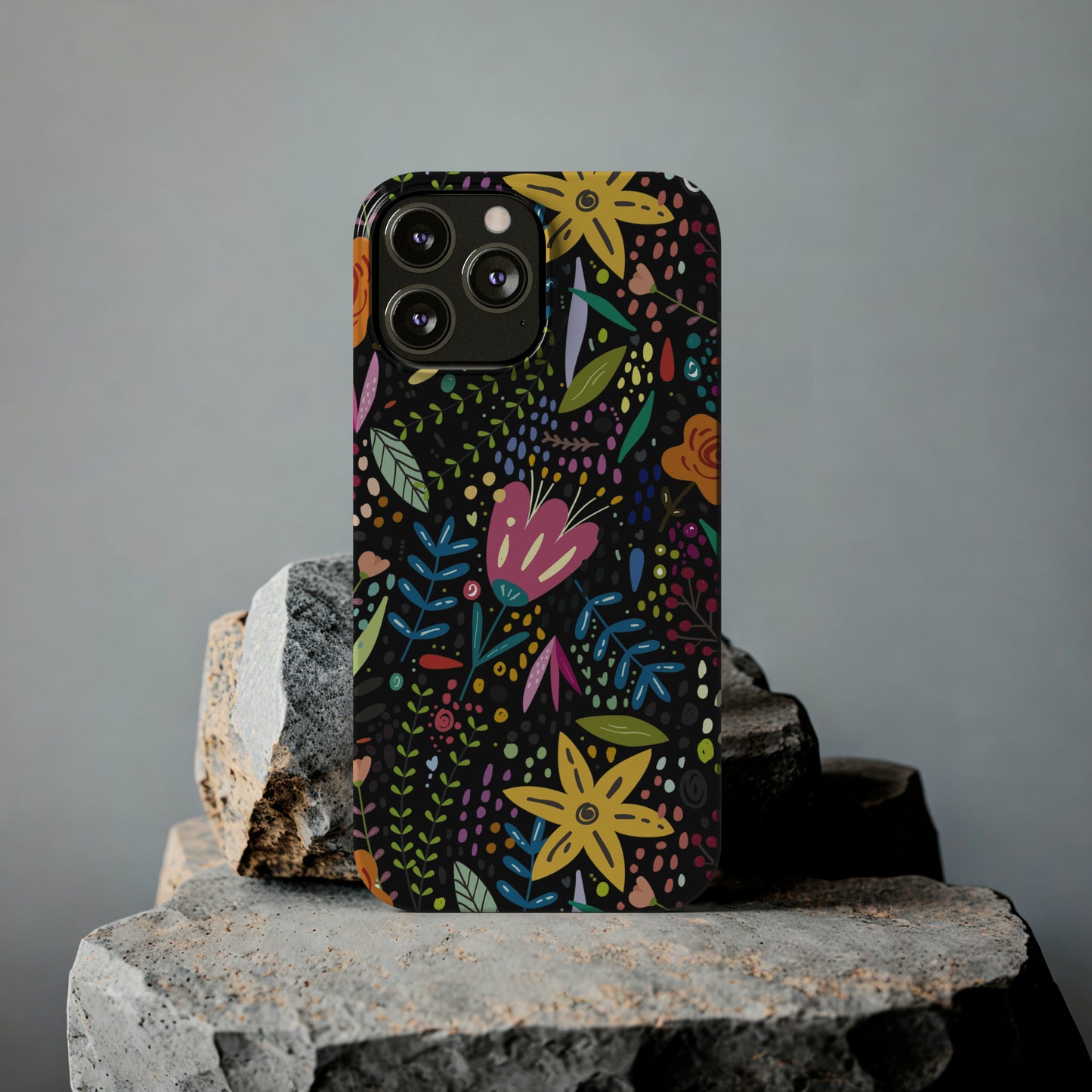 Springtime Splendor: Hand-Drawn Flowers Bursting with Vibrant Colors Design on Black Iphone 15-12 Slim Phone Case