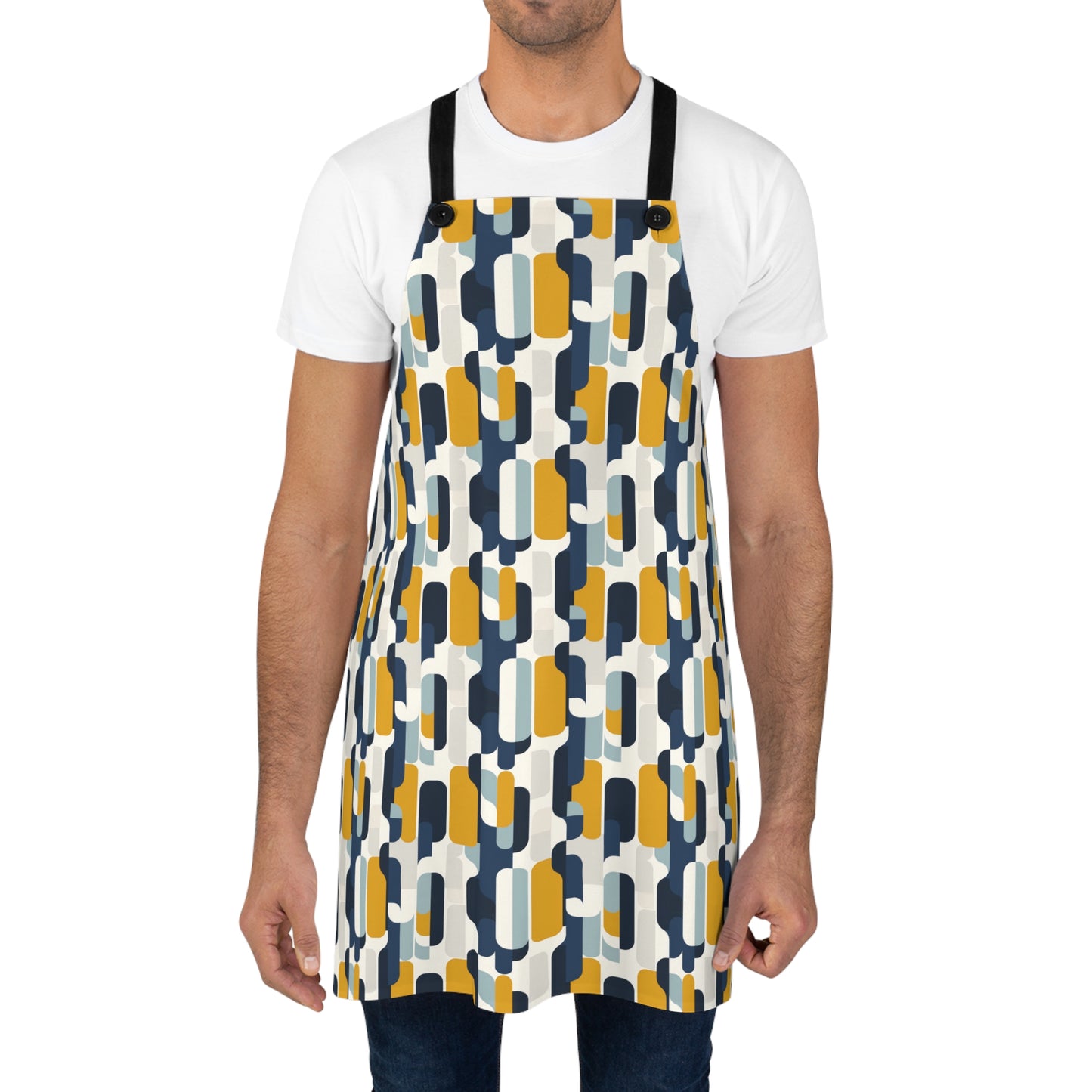 Modern Retro with Bold Geometric Pattern in Mustard and Navy Kitchen Chef Apron