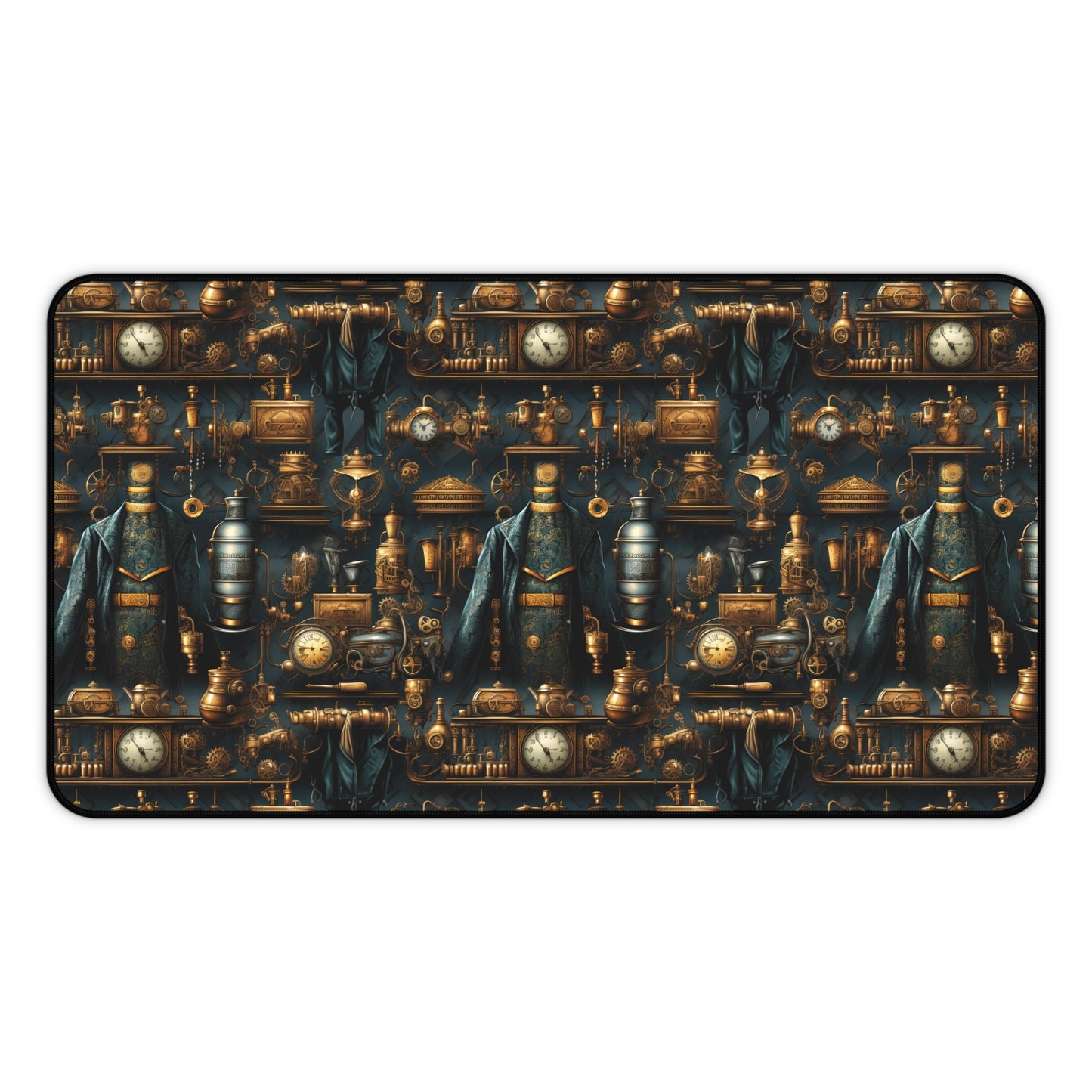 Victorian Steampunk Teal and Gold Clock, Gears and Mechanical Elements - Desk Mat Extended Gaming Mouse Pad 3 Sizes