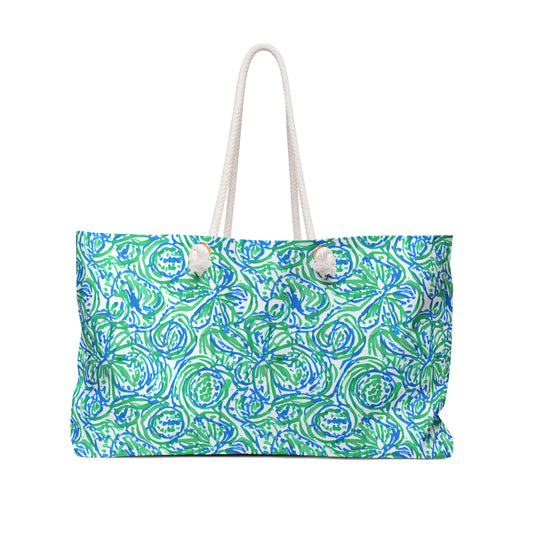 Emerald Tide: Swirling Green and Blue Flowers Oversized Weekender Bag