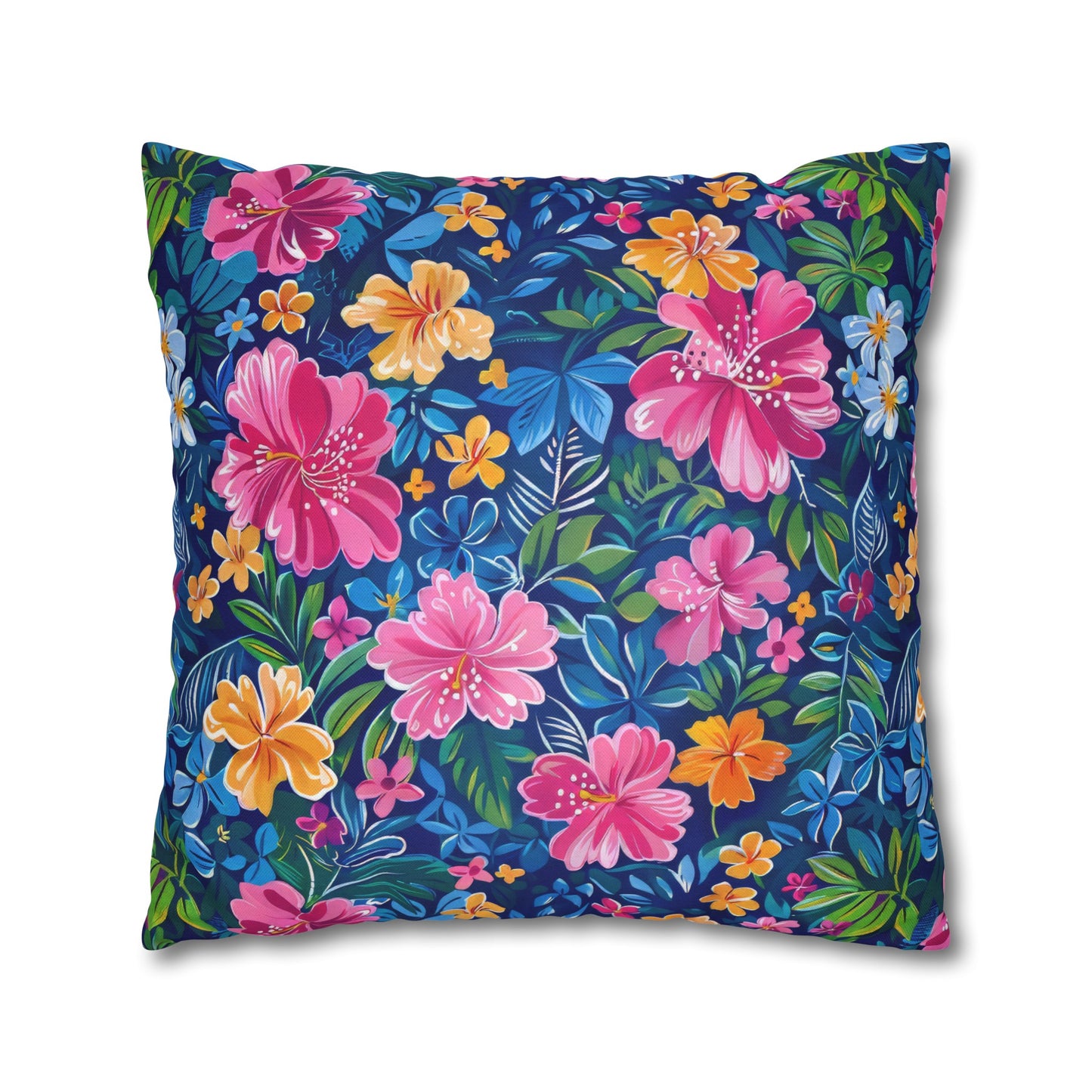 Tropical Sunrise Bloom: Pink Watercolor Flowers with Yellow and Blue Accents Spun Polyester Square Pillowcase 4 Sizes