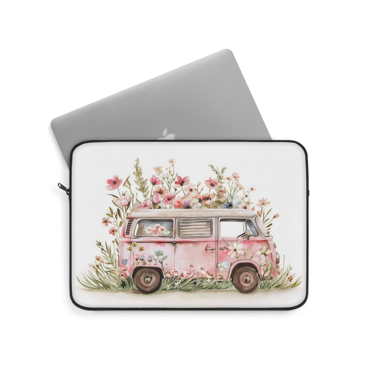 Pastel Petal Cruiser: Light Pink VW Bus Adorned with Pastel Paint Flowers Laptop or Ipad Protective Sleeve 3 Sizes Available