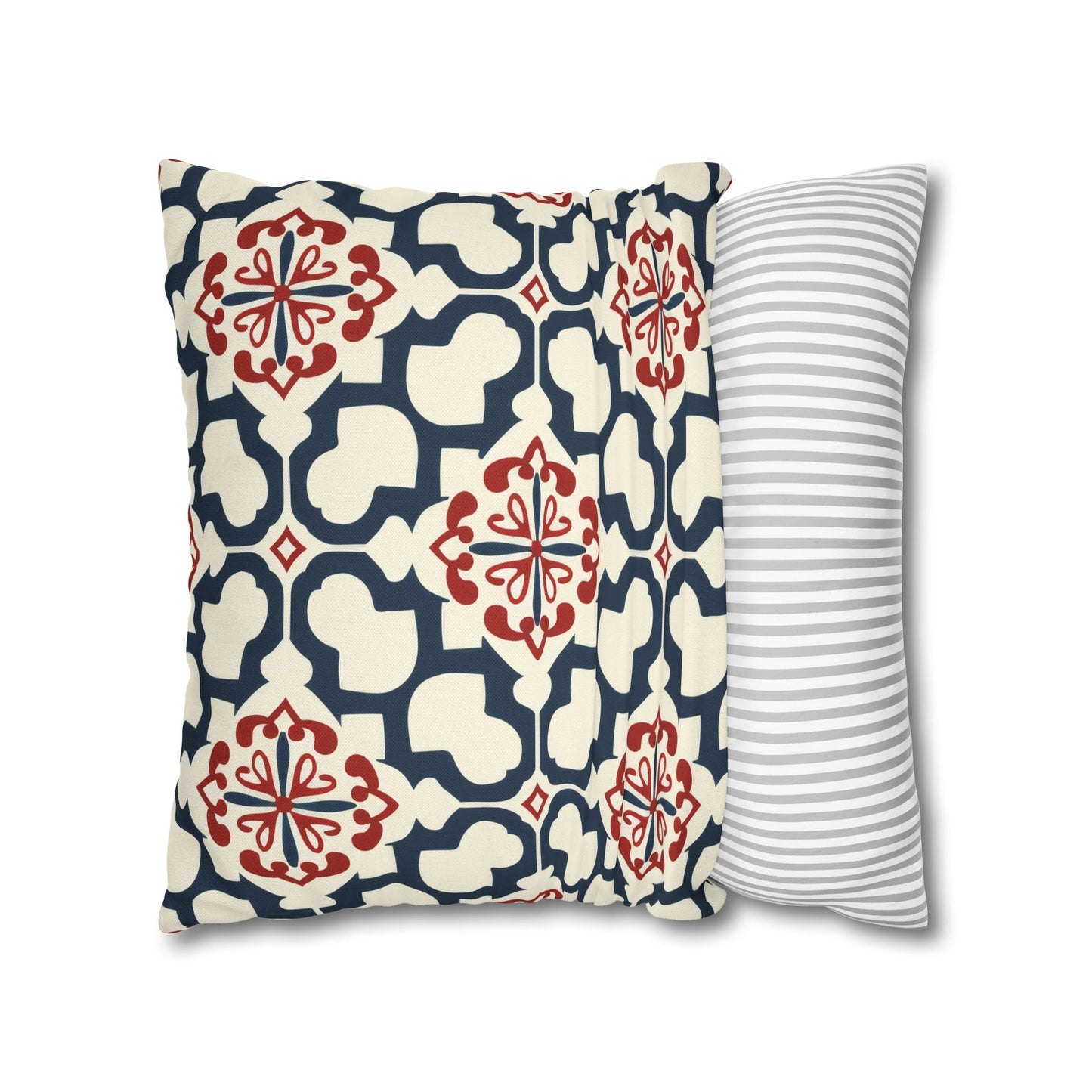 Traditional Korean Elegance in Bold Red and Navy Geometric Tile Pattern Spun Polyester Square Pillowcase 4 Sizes