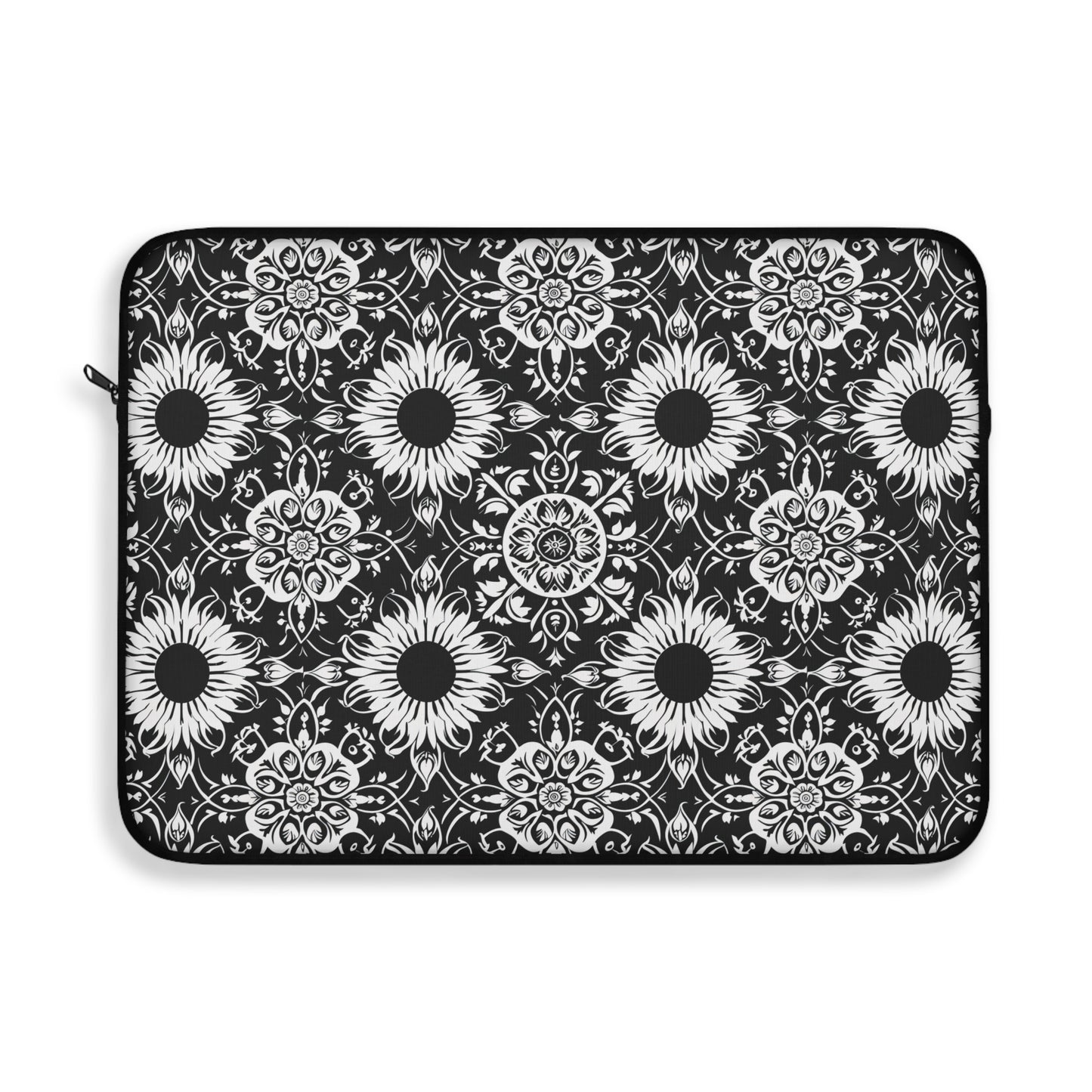 Elegant Mandala Design with Black and White Sunflowers Laptop or Ipad Protective Sleeve 3 Sizes Available