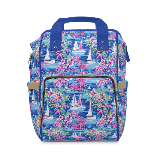 Sailing Tropics: Watercolor Sailboats Amidst Ocean Waves, Tropical Flowers, and Palm Trees Multifunctional Diaper Backpack