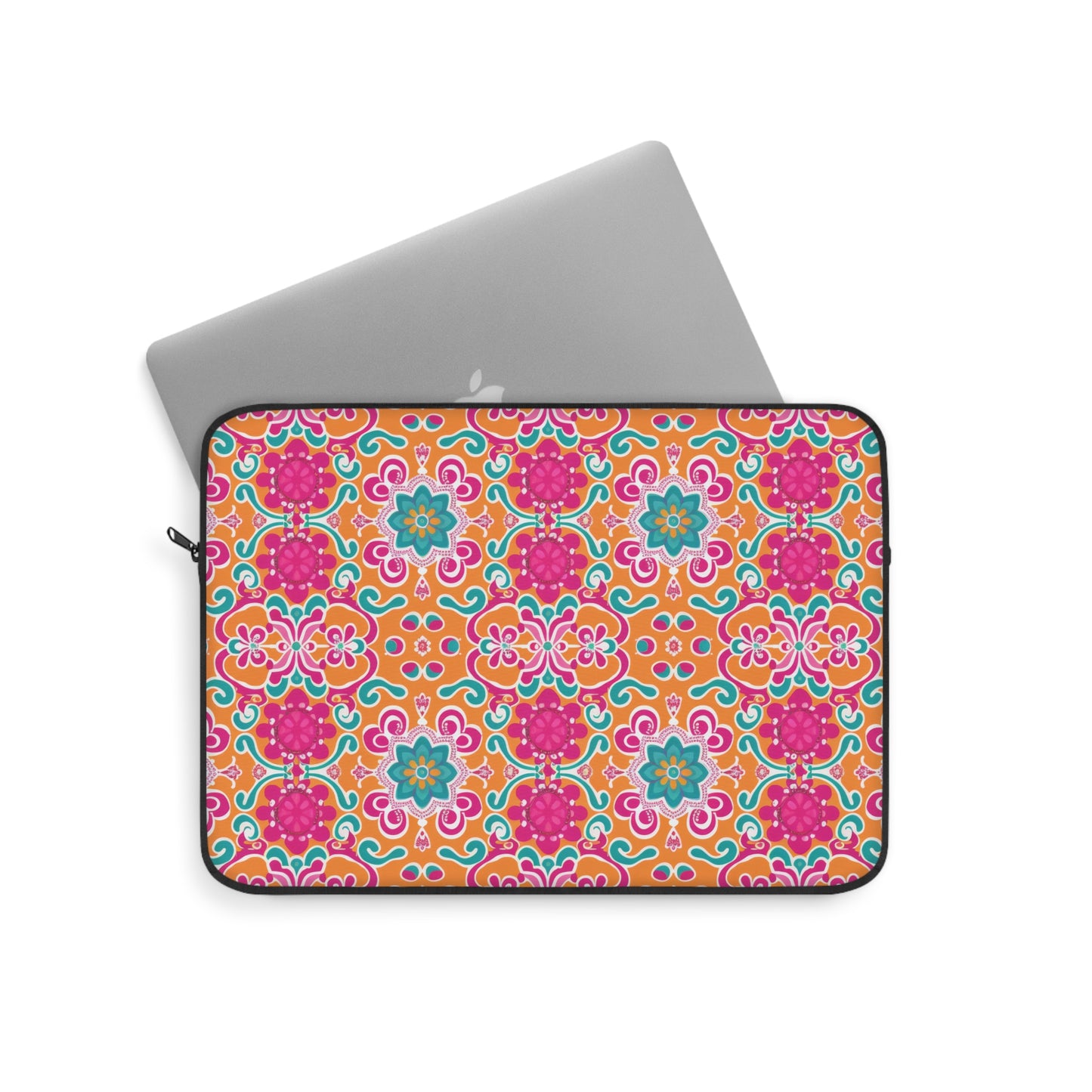 Kaleidoscope of Warm Tangerine, Lush Teal, and Lively Pink Blooms Laptop or Ipad Protective Sleeve 3 Sizes Available