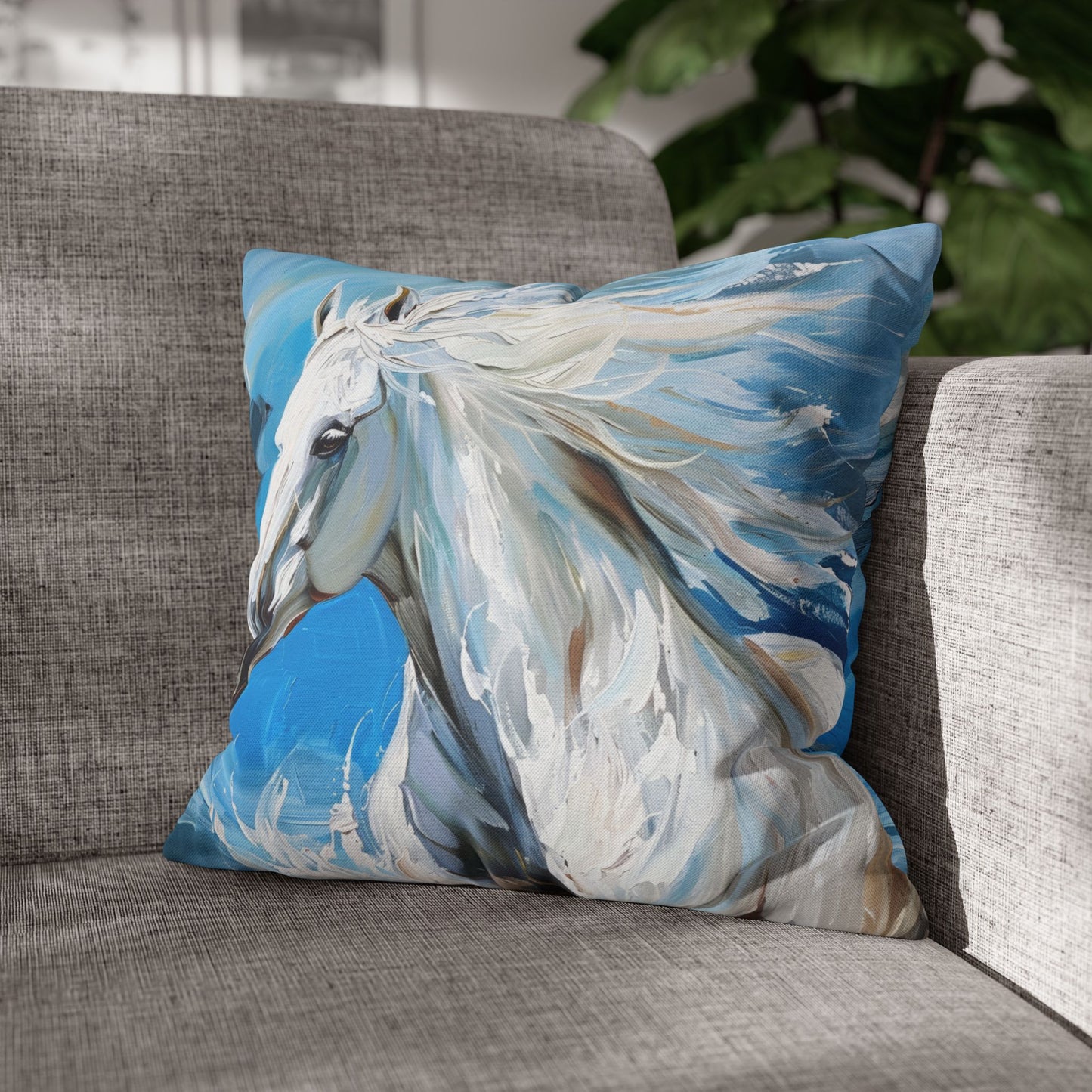 Majestic White Stallion Galloping Along the Oceans Edge Spun Polyester Square Pillowcase 4 Sizes