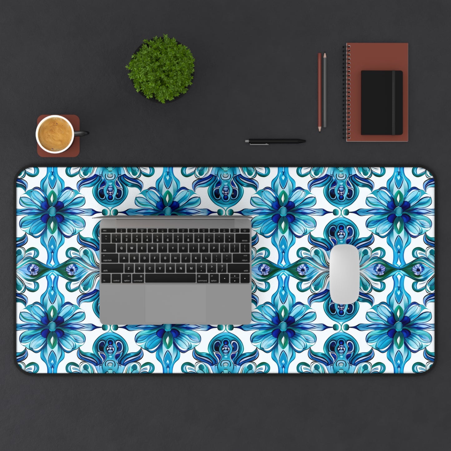 Vibrant Tapestry of Teal and Blue Flowers Extended Gaming Mouse Pad  Desk Mat  - 3 Sizes