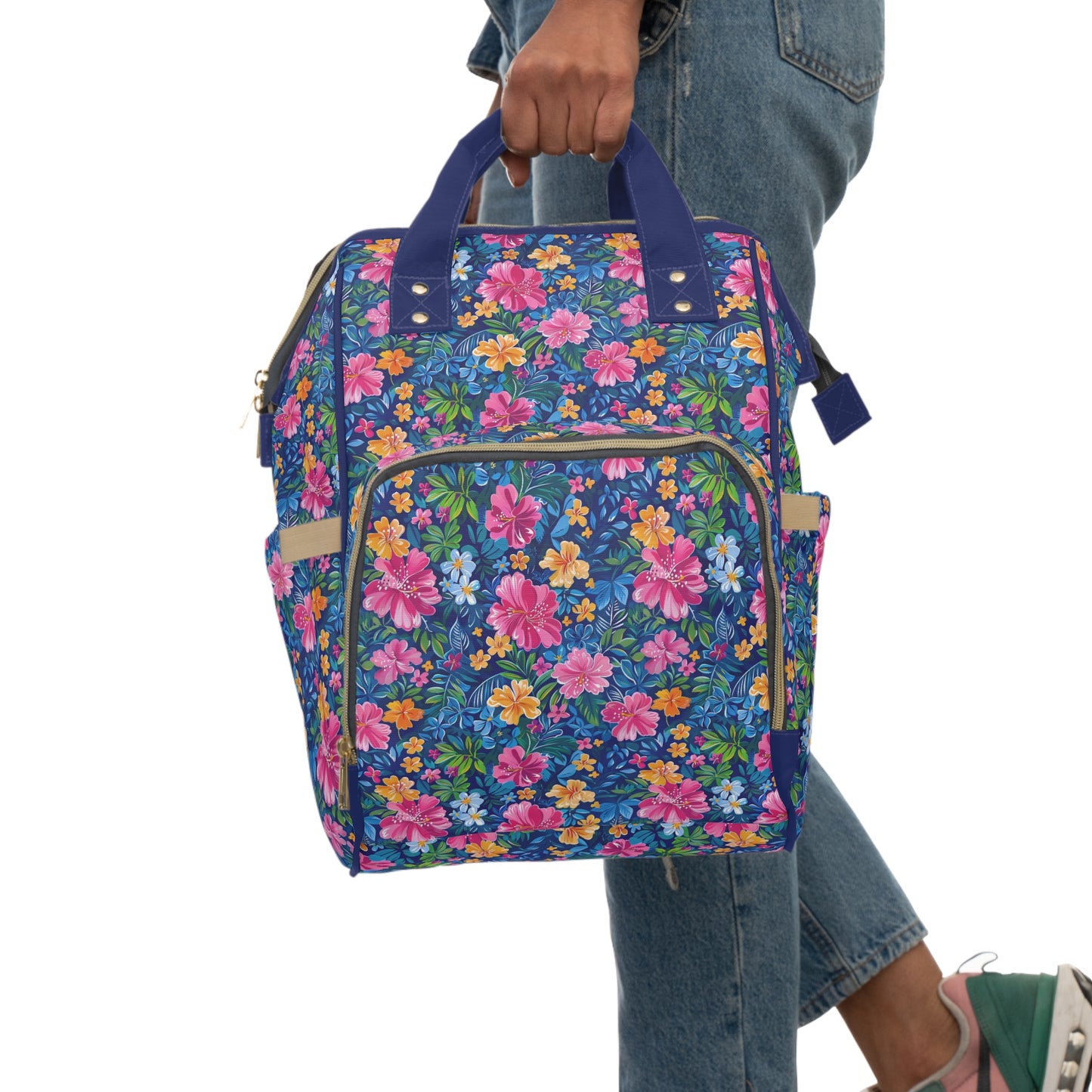 Tropical Sunrise Bloom: Pink Watercolor Flowers with Yellow and Blue Accents Multifunctional Diaper Backpack